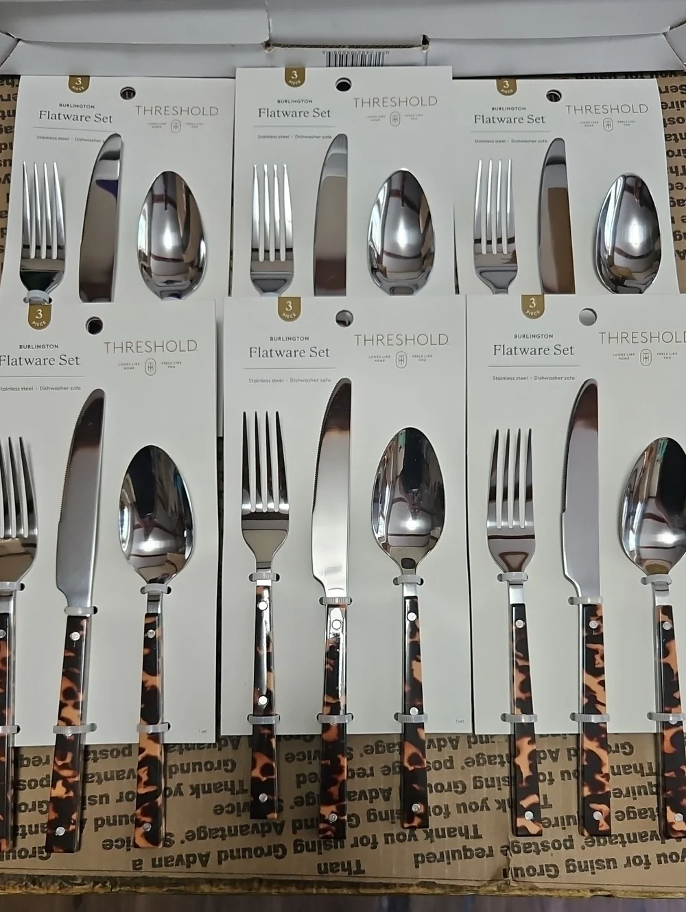 THRESHOLD Three-Piece Tortoise Shell Flatware Set Stainless Steel: new: LOT OF 6